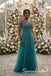 Teal Tulle Beaded V-Neck Sleeveless Floor Length A-Line Bridesmaid Gown, BD3484