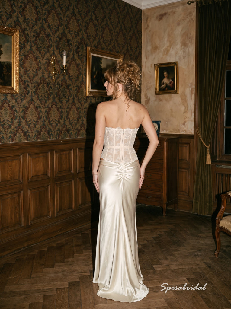 Ivory Lace & Satin Strapless Sweetheart Corset Mermaid Floor Length Evening Dress,PD4323