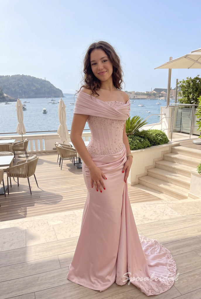Blush Pink Beaded & Satin Off The Shoulder Corset Mermaid Floor Length Evening Dress,PD4327