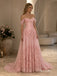 Blush Tulle Off The Shoulder Sweetheart 3D Floral Sequin Corset Bodice A Line Floor Length Evening Dress,PD4322