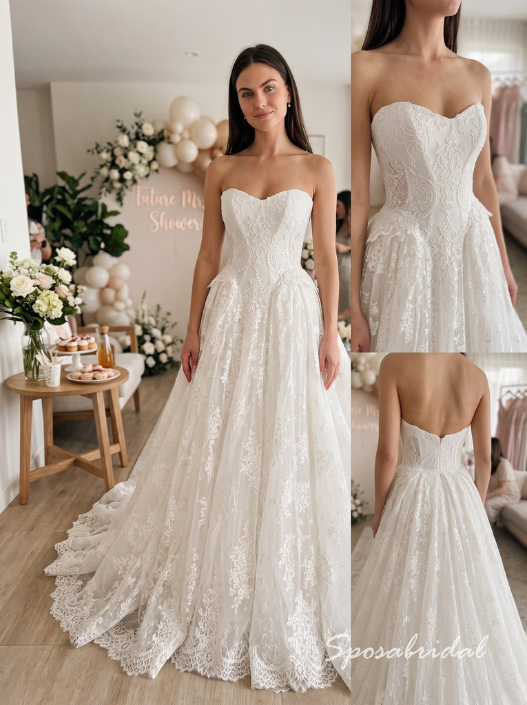 Ivory Lace Strapless Sweetheart A-Line Wedding Dress With Scalloped Lace Train,WD3136