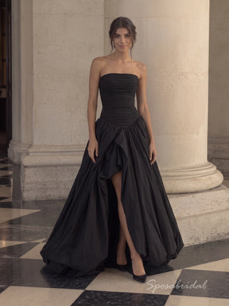 Black Strapless Ruched Bodice High Slit Ball Gown Floor Length Evening Dress,PD4319