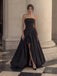 Black Strapless Ruched Bodice High Slit Ball Gown Floor Length Evening Dress,PD4319