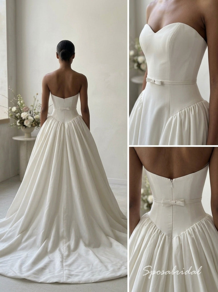 Strapless Satin Sweetheart Ball Gown Wedding Dress with Waist Bow ,WD3131