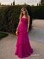 Fuchsia Chiffon Strapless Tube Neck Ruched Bodice Tiered A Line Floor Length Evening Dress,PD4320