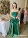 Emerald Green Satin Jacquard Strapless Corset Ruffled Floor Length A-Line Prom dress, PD4294