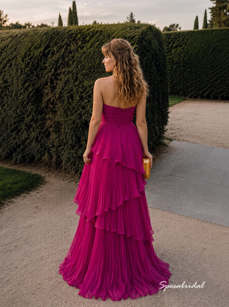 Fuchsia Chiffon Strapless Tube Neck Ruched Bodice Tiered A Line Floor Length Evening Dress,PD4320