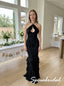 Black Floral Burnout Chiffon Ruffled Halter Keyhole Floor Length Mermaid Evening Gown, PD4292