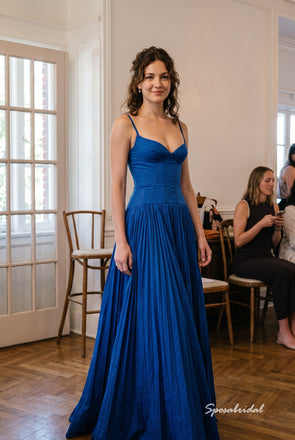 Royal Blue Chiffon Spaghetti Strap Sweetheart Pleated Corset Bodice A Line Floor Length Evening Dress,PD4321