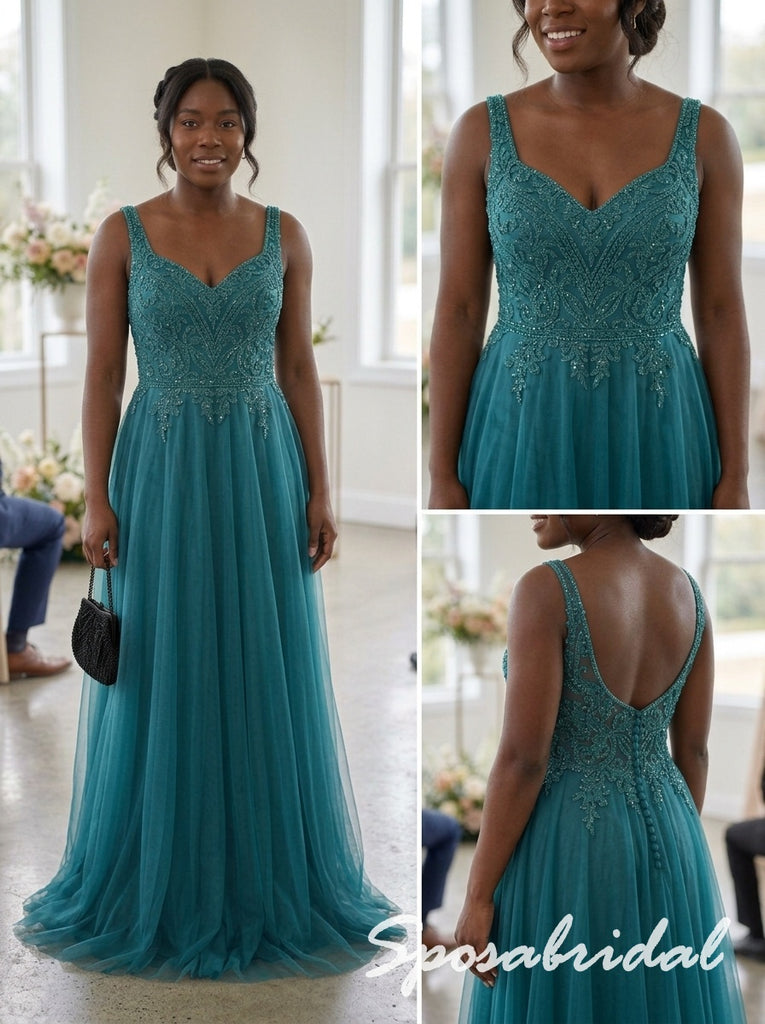 Teal Tulle Beaded V-Neck Sleeveless Floor Length A-Line Bridesmaid Gown, BD3484