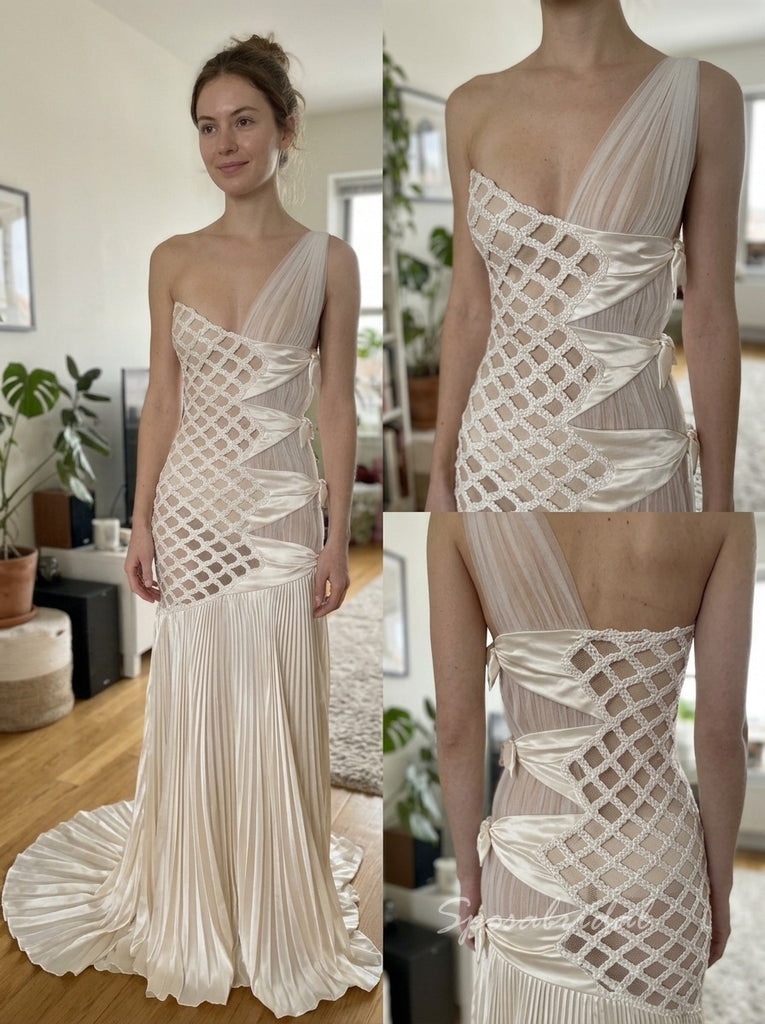 Ivory One Shoulder Satin Cutout Pleated Mermaid Dress,PD4312