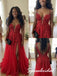 Red Tulle 3D Floral Beaded Deep V High Slit Floor Length A-Line Prom dress, PD4293