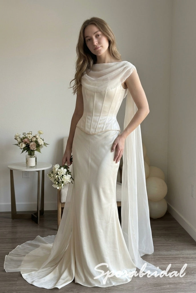 Ivory Satin Draped Cowl Corset Cape Sleeve Floor Length Prom Dress, PD4295