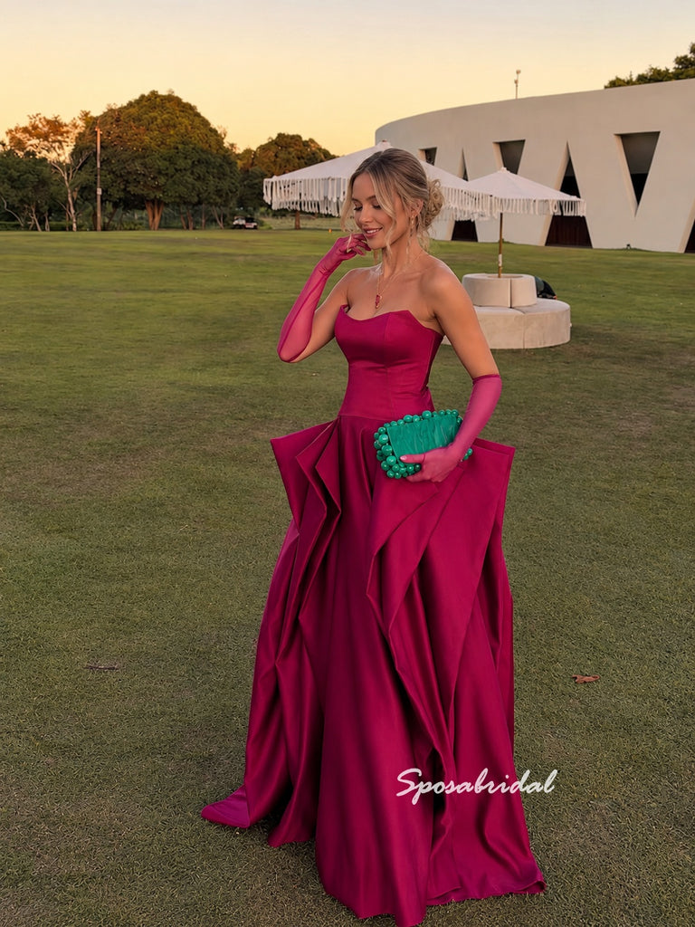 Strapless Draped Mikado Satin Evening Dress, Dramatic Ruffle Skirt Magenta Formal Gown,PD4382
