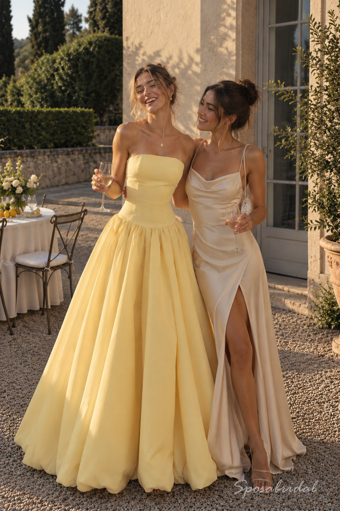 Yellow Satin Strapless Tube Neck High Waist Bubble Hem A-Line Floor Length Evening Dress,PD4317