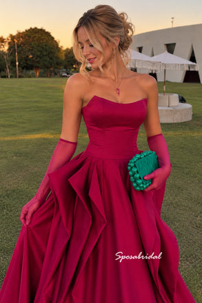 Strapless Draped Mikado Satin Evening Dress, Dramatic Ruffle Skirt Magenta Formal Gown,PD4382
