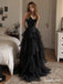 Black Sweetheart Corset Tulle Evening Dress, Strapless Tiered Ruffle Floor Length Gothic Gown,PD4345