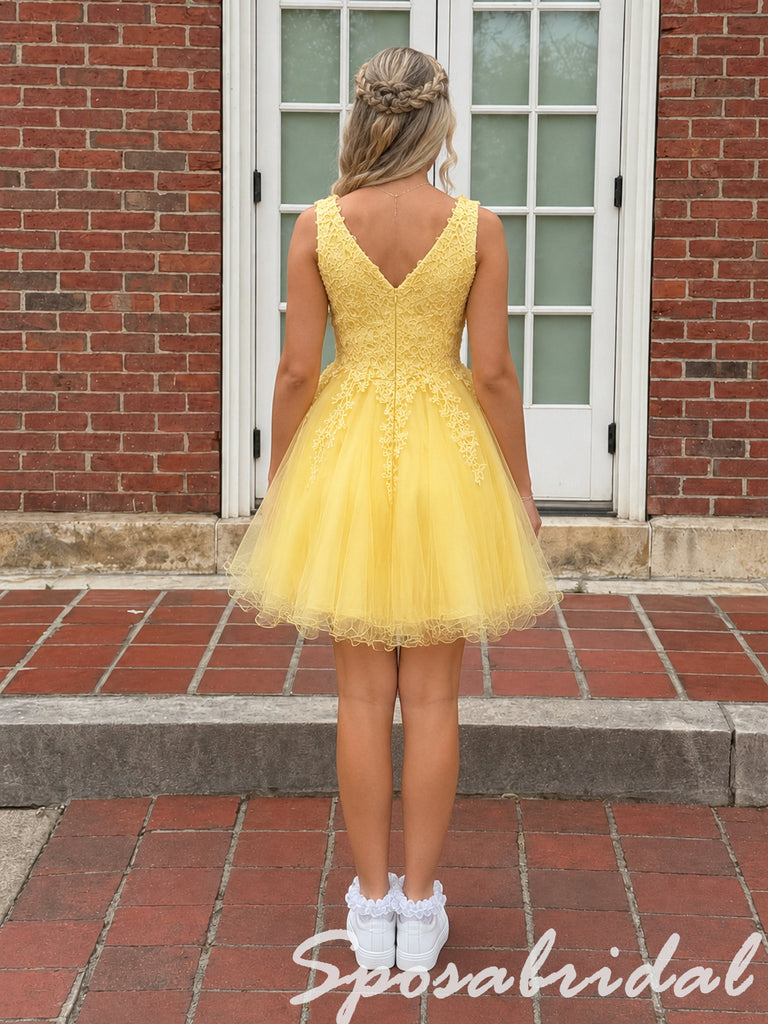 Bright Yellow Lace Tulle V-Neck Sleeveless A Line Short Homecoming Dress, PD3718