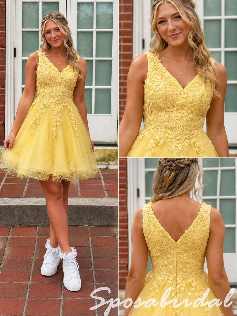 Bright Yellow Lace Tulle V-Neck Sleeveless A Line Short Homecoming Dress, PD3718