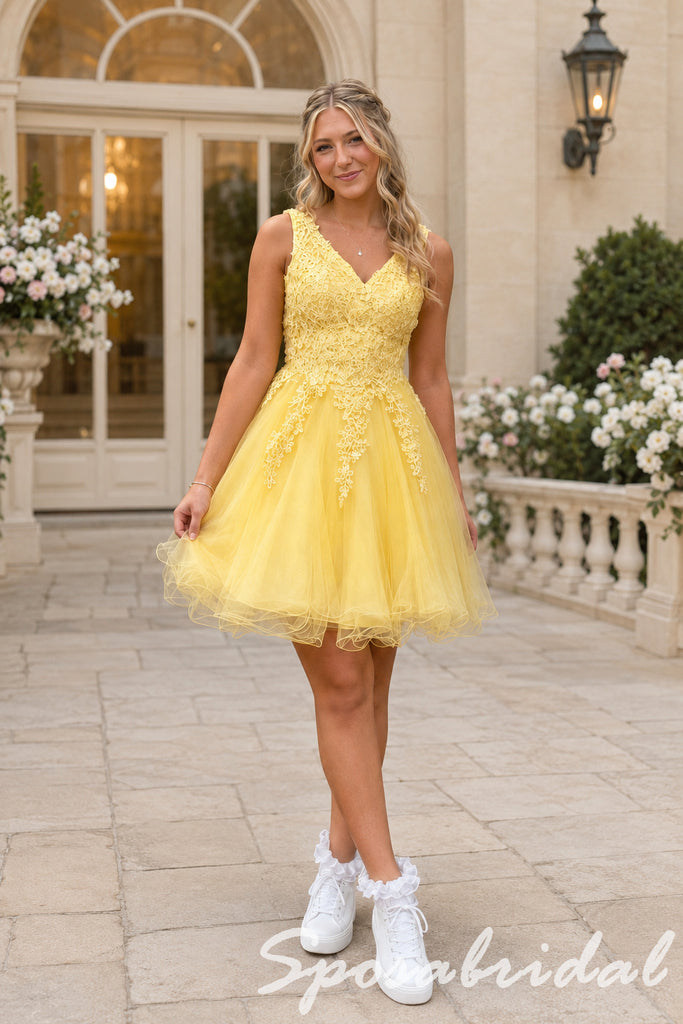 Bright Yellow Lace Tulle V-Neck Sleeveless A Line Short Homecoming Dress, PD3718