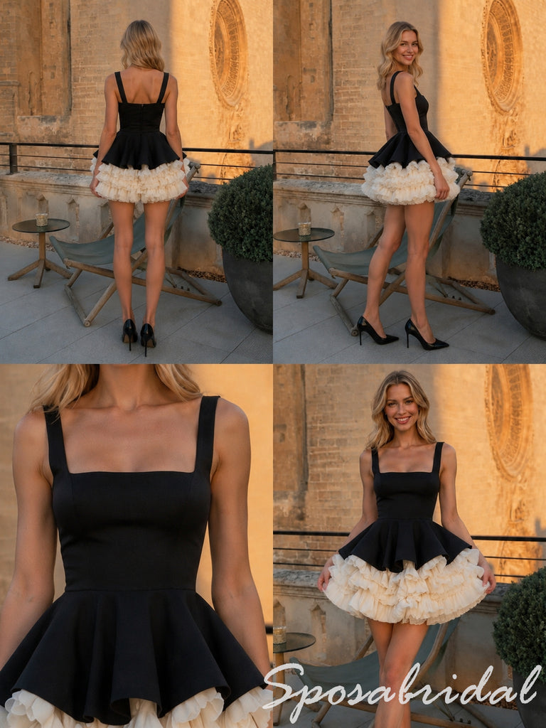 Elegant Contrast Color Satin Tulle Homecoming Dress Short Flared Skirt, PD3722