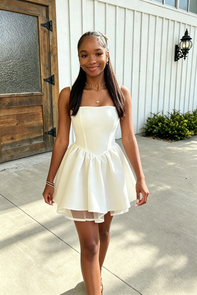 Simple White Spaghetti Straps A-Line Homecoming Dress for Graduation, PD3676
