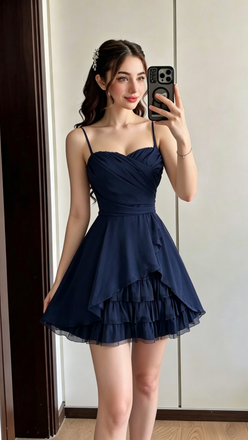 Simple Navy Blue Spaghetti Strap Chiffon Tiered Homecoming Dress, PD3680