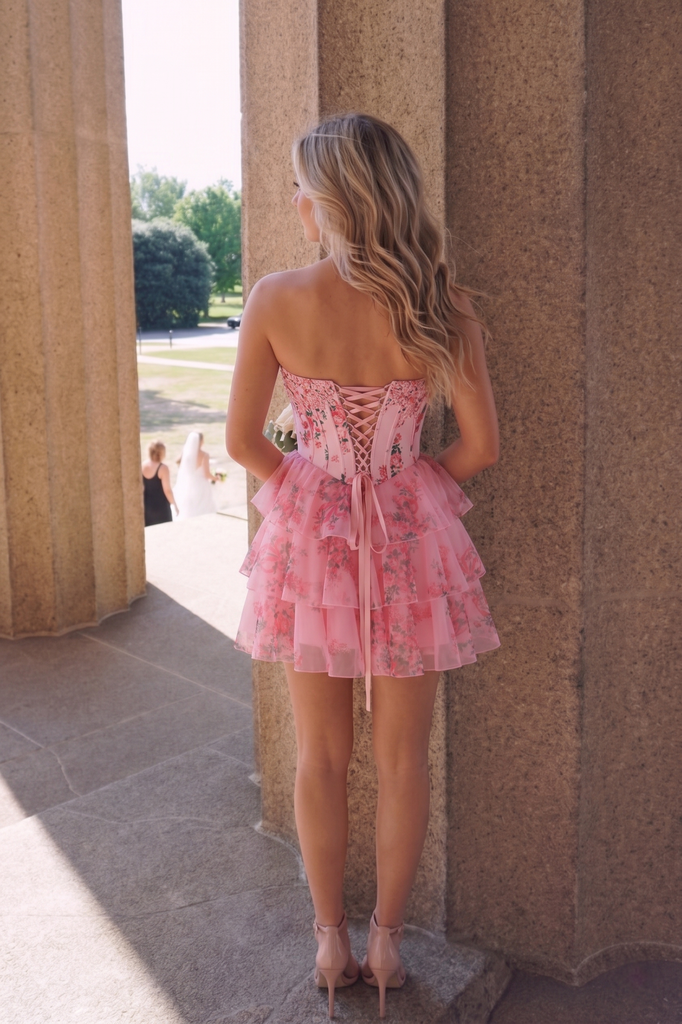 Strapless Pink Floral Print Tiered Ruffle A-Line Homecoming Dress, PD3682