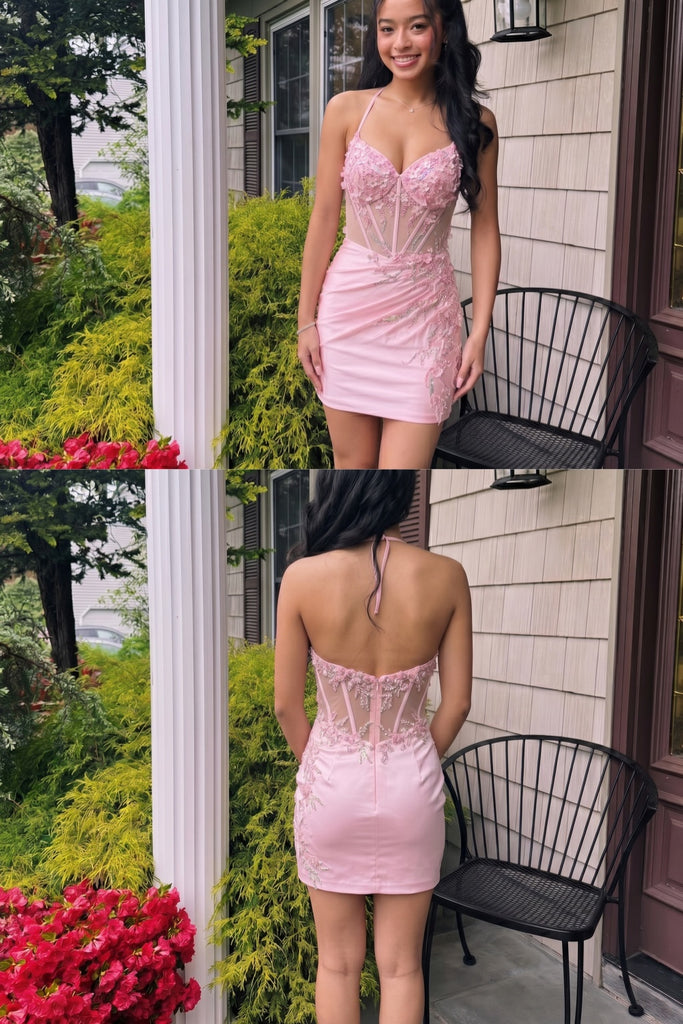 Pink Satin Lace Appliques Corset Halter Neck Homecoming Dress, PD3683