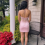 Pink Satin Lace Appliques Corset Halter Neck Homecoming Dress, PD3683