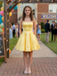 Simple Yellow Satin Strapless Short Homecoming Dress With Pockets, PD3681