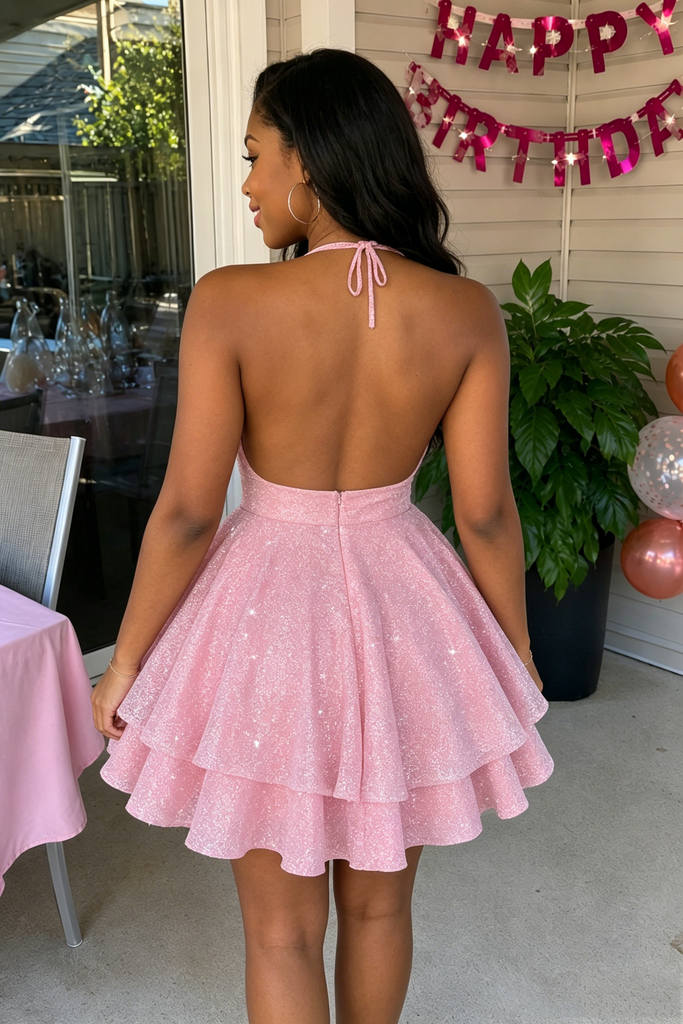 Pink Glitter Halter Tiered A-Line Homecoming Mini Dress, PD3700