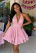 Pink Glitter Halter Tiered A-Line Homecoming Mini Dress, PD3700