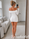 Soft White Jersey Off Shoulder Bodycon Mini Dress Long Sleeve Rose Accent Homecoming Outfit, PD3709