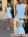 Pale Blue Satin Sleeveless Fold Neck Fit Flare Mini Homecoming Dress, PD3714