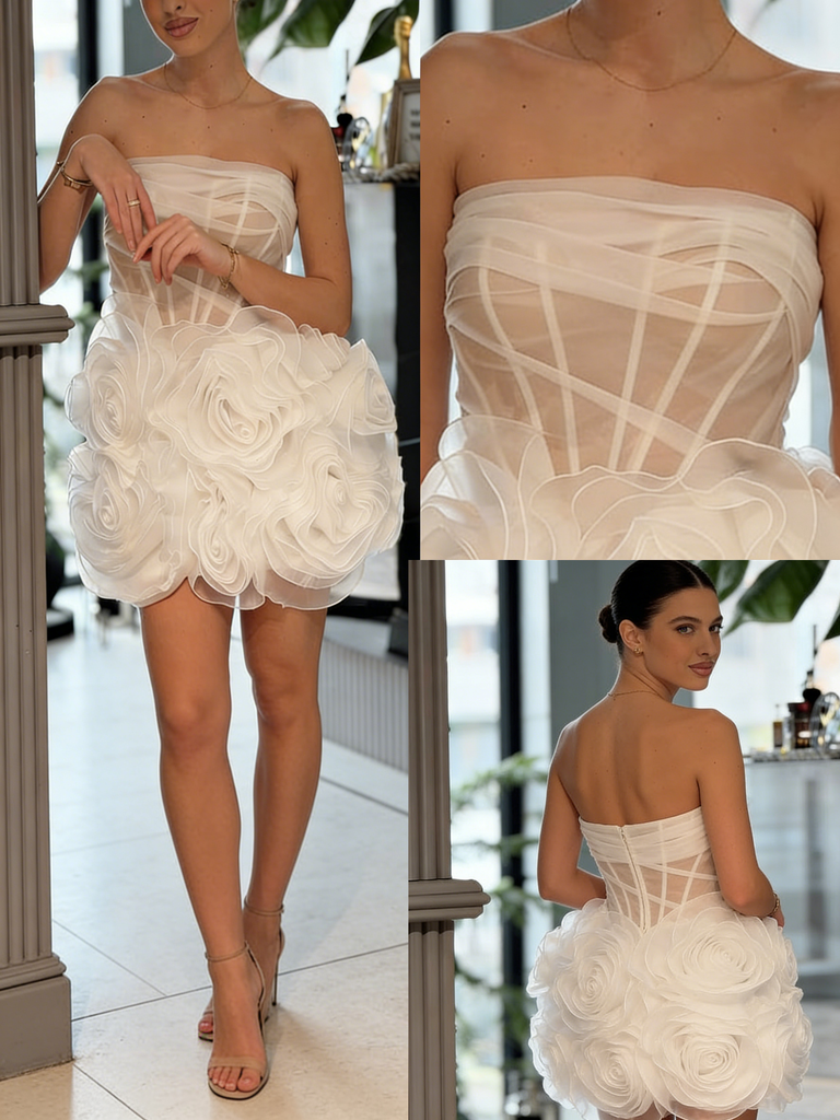 Elegant Strapless Mini Homecoming Dress | Sheer Corset Bodice with 3D Rose Floral Skirt, Cocktail Party Dress, PD3672