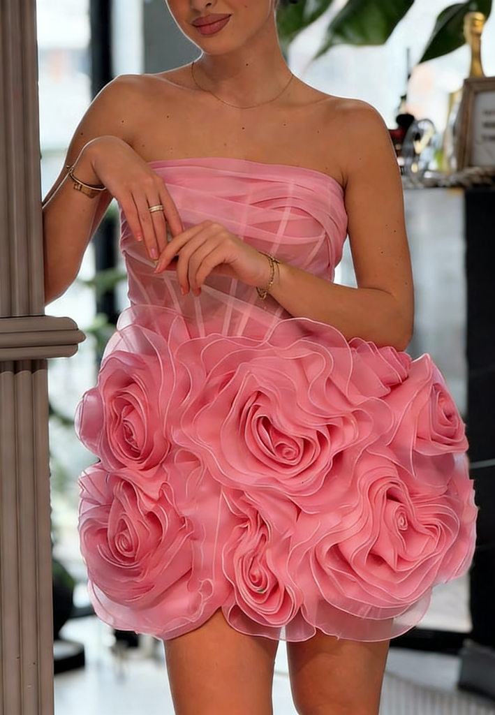 Elegant Strapless Mini Homecoming Dress | Sheer Corset Bodice with 3D Rose Floral Skirt, Cocktail Party Dress, PD3672