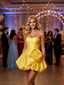 Yellow Satin Strapless Homecoming Dress with 3D Flower, Cute Corset Mini Prom Dress for Teens, Cocktail Party Dress, PD3673