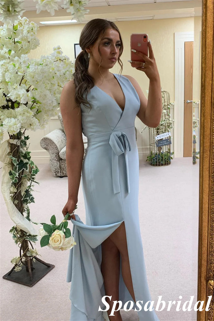 Sexy Crepe Spaghetti Straps V-Neck Sleeveless Side Slit Mermaid Maxi Prom Dress, PD4002