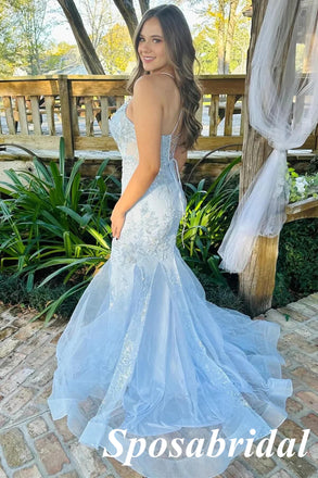Sexy Blue Tulle And Lace Spaghetti Straps Lace Up Back Mermaid Long Prom Dresses, PD3827