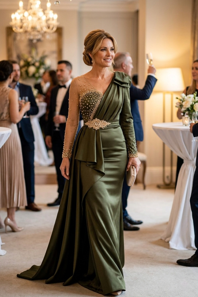 Elegant Olive Green Satin Long Sleeves Formal Mother of the Groom Dress with Belt, SFM018