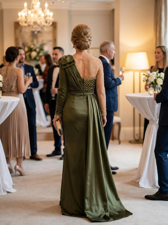 Elegant Olive Green Satin Long Sleeves Formal Mother of the Groom Dress with Belt, SFM018