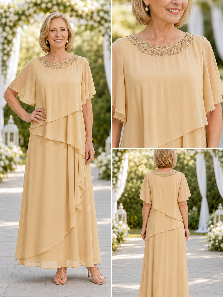 Beaded Neckline Champagne Chiffon Long Mother of the Bride Dress, SFM019