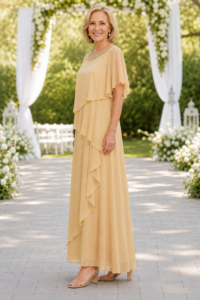 Beaded Neckline Champagne Chiffon Long Mother of the Bride Dress, SFM019