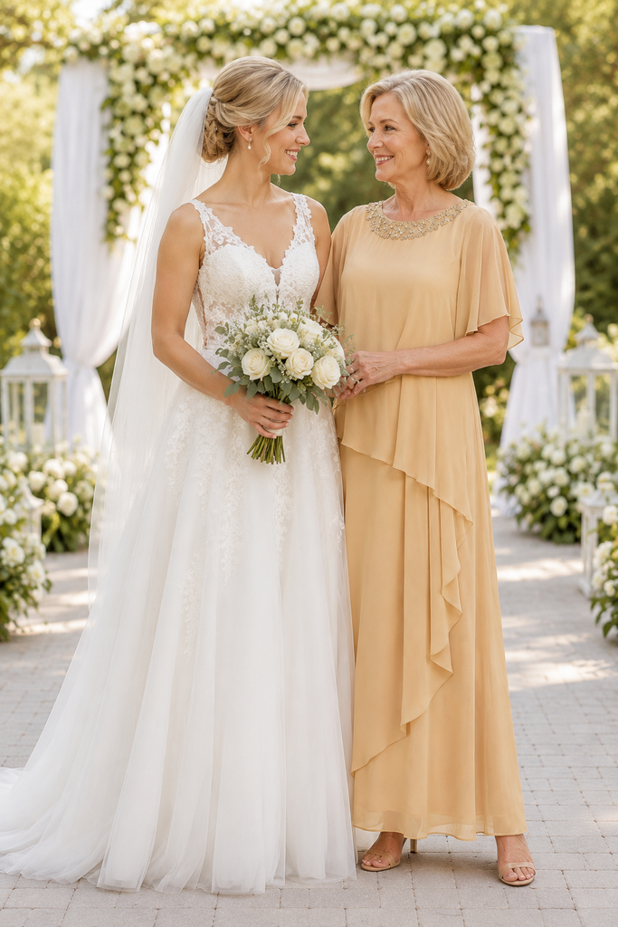Beaded Neckline Champagne Chiffon Long Mother of the Bride Dress, SFM019