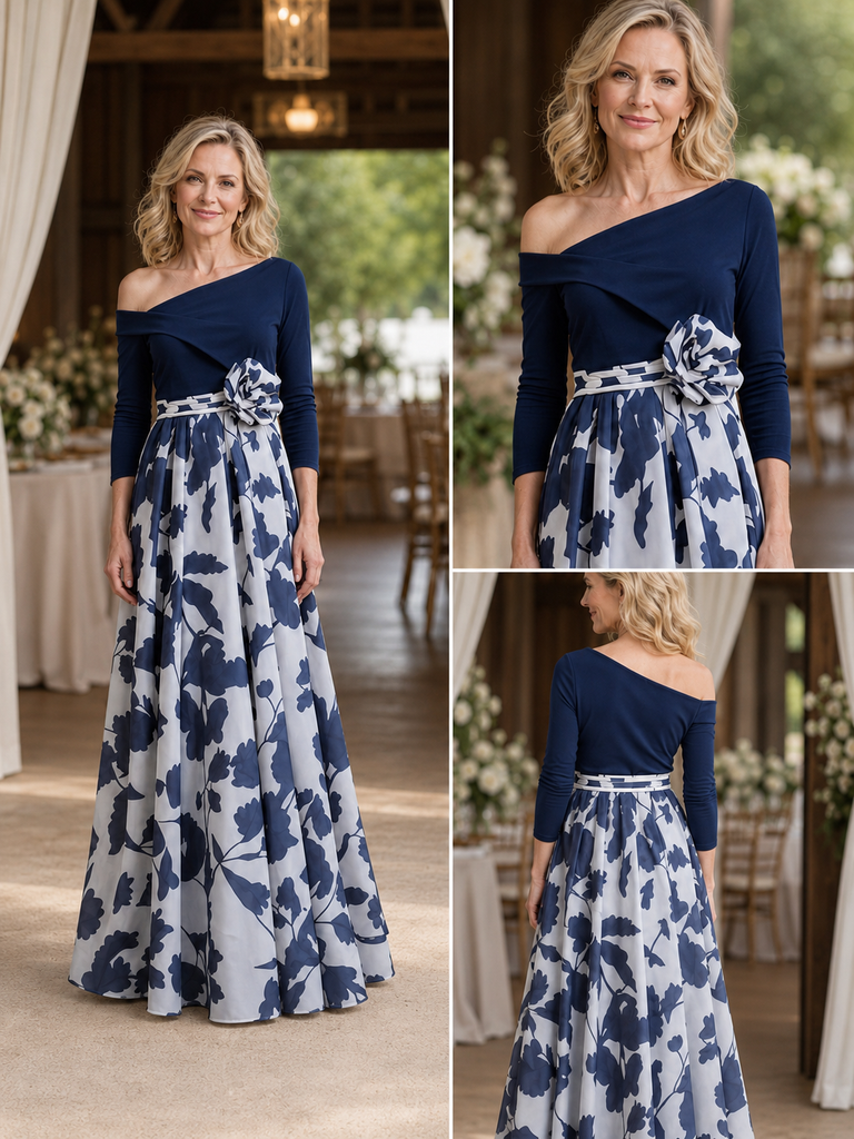 One Shoulder Navy Blue Floral Print Long Mother of the Bride Dress, SFM020