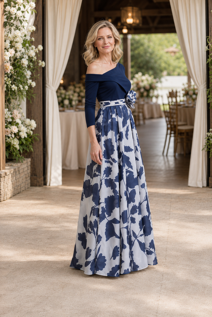 One Shoulder Navy Blue Floral Print Long Mother of the Bride Dress, SFM020