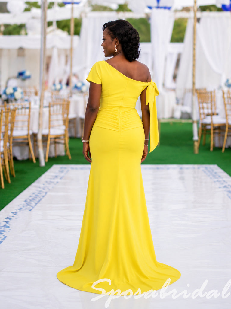 Bright Yellow Crepe One Shoulder Mermaid Mother Of The Bride Gown With Side Bow, SFM022