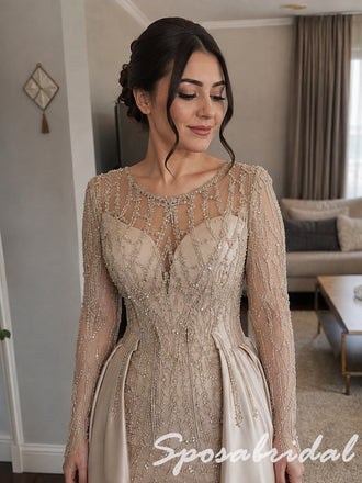 Elegant Champagne Beaded Satin Long Sleeves Mother Of The Bride Gown, SFM023