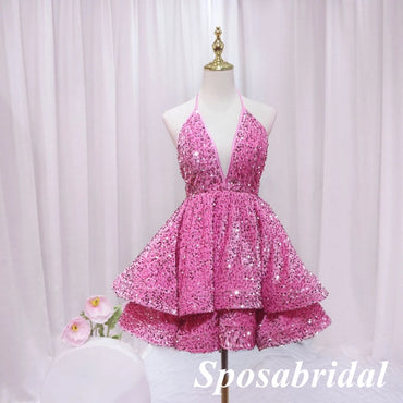 Sexy Sequin Halter Deep V-Neck A-Line Mini Dresses/ Homecoming Dresses, PD3584